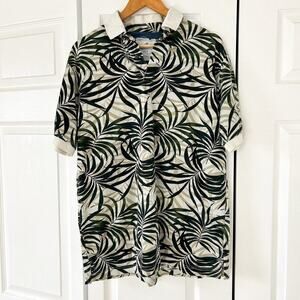 Caribbean Joe Men’s Cotton Polo Shirt Palm Leaf Print Green Beige Size Large